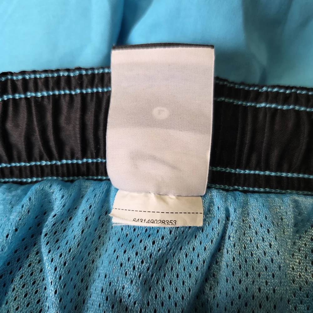 NIKE Swim Trunks Turquiose Blue Lined Spellout‎ Back Swoosh Mens SZ L